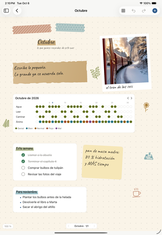 A Notalia notebook page on iPad: washi tape, a handwritten title, a quote on kraft paper, a polaroid, a habit and mood tracker, and two lists