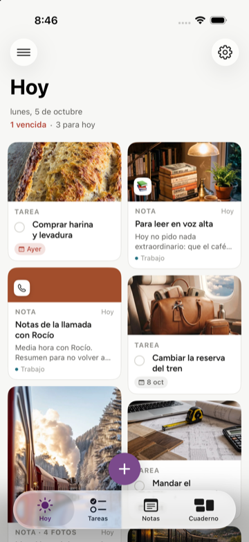 Notalia Today screen, showing tasks and notes side by side